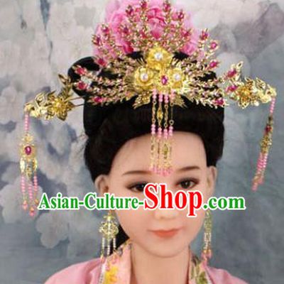 Chinese Ancient Princess Rosy Phoenix Coronet Headwear Traditional Tang Dynasty Queen Hairpins Hair Accessories for Women