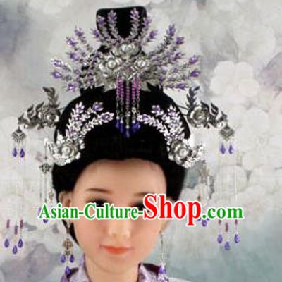 Chinese Ancient Princess Purple Crystal Phoenix Coronet Headwear Traditional Tang Dynasty Queen Hairpins Hair Accessories for Women
