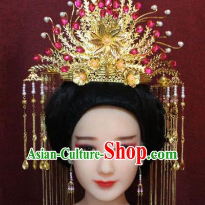 Chinese Ancient Rosy Crystal Phoenix Coronet Headwear Traditional Tang Dynasty Queen Hairpins Hair Accessories for Women