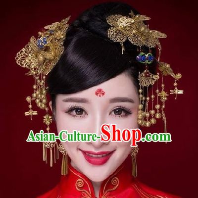 Chinese Ancient Bride Cloisonne Hairpins Traditional Palace Wedding Hair Accessories Complete Set for Women