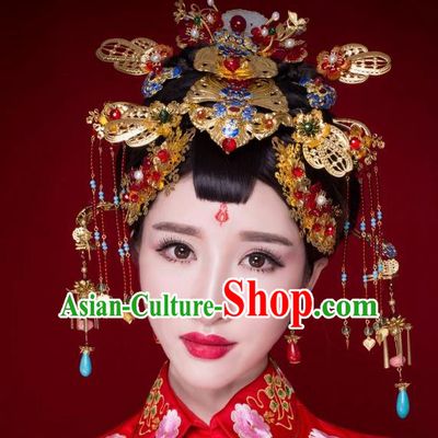 Chinese Ancient Bride Cloisonne Hairpins Jade Phoenix Coronet Traditional Palace Wedding Hair Accessories Complete Set for Women