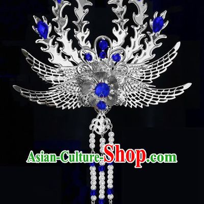 Chinese Ancient Princess Tassel Hair Clip Royalblue Crystal Phoenix Hairpins Traditional Palace Hanfu Hair Accessories for Women