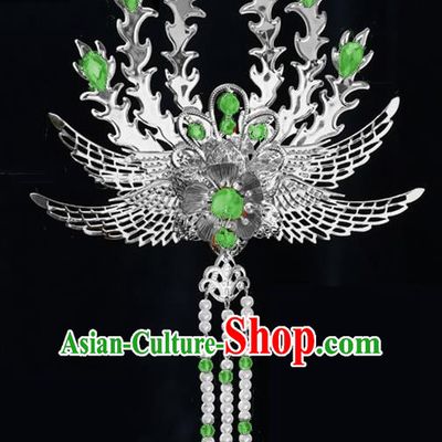 Chinese Ancient Princess Tassel Hair Clip Light Green Crystal Phoenix Hairpins Traditional Palace Hanfu Hair Accessories for Women
