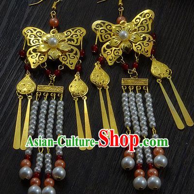 Handmade Chinese Hanfu Golden Butterfly Tassel Earrings Traditional Ancient Princess Ear Accessories for Women