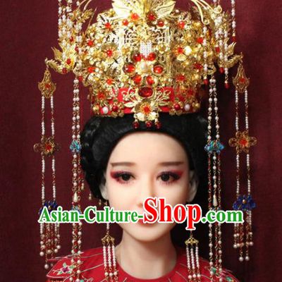 Chinese Ancient Queen Red Crystal Tassel Phoenix Coronet Hairpins Traditional Palace Wedding Hair Accessories for Women