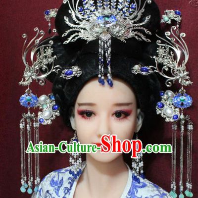 Chinese Ancient Queen Tassel Cloisonne Phoenix Coronet Hairpins Traditional Palace Wedding Hair Accessories for Women