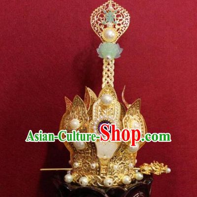 Handmade Chinese Taoism Jade Lotus Hairdo Crown Traditional Ancient Taoist Swordsman Hair Accessories for Men