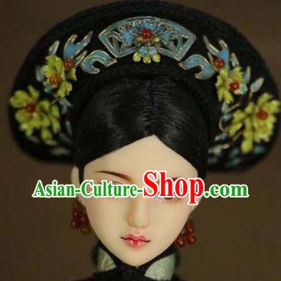 Chinese Ancient Palace Imperial Consort Cloisonne Lotus Hair Ornament Headwear Traditional Qing Dynasty Manchu Queen Hair Accessories for Women