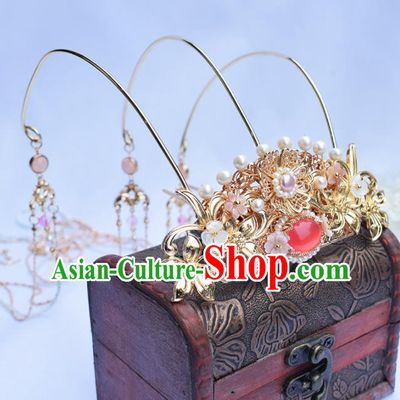 Chinese Ancient Princess Hairpins Pearls Tassel Phoenix Coronet Traditional Hanfu Hair Accessories for Women