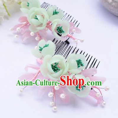 Chinese Ancient Princess Green Flowers Hair Comb Hairpins Traditional Hanfu Hair Accessories for Women