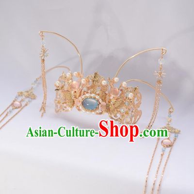 Chinese Ancient Princess Palace Blue Chalcedony Tassel Hair Crown Hairpins Traditional Handmade Hanfu Hair Accessories for Women