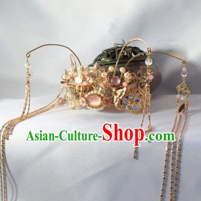 Chinese Ancient Princess Palace Pink Chalcedony Tassel Hair Crown Hairpins Traditional Handmade Hanfu Hair Accessories for Women