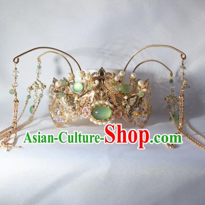 Chinese Ancient Princess Palace Green Chalcedony Tassel Hair Crown Hairpins Traditional Handmade Hanfu Hair Accessories for Women