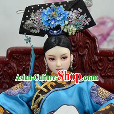 Chinese Ancient Palace Concubine Blueing Peony Headwear Traditional Qing Dynasty Manchu Imperial Consort Hair Accessories for Women