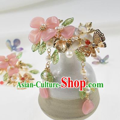 Chinese Ancient Princess Pink Flowers Butterfly Hair Claw Hairpins Traditional Hanfu Hair Accessories for Women