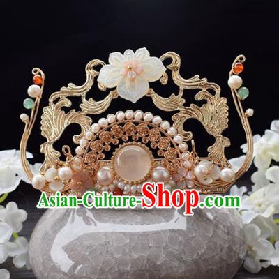Chinese Ancient Princess Palace Shell Lotus Hair Crown Hairpins Traditional Handmade Hanfu Hair Accessories for Women