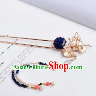 Chinese Ancient Princess Palace Pearls Tassel Blue Stone Hairpins Traditional Handmade Hanfu Hair Accessories for Women