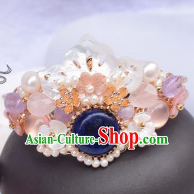 Chinese Ancient Princess Palace Blue Stone Shell Hair Crown Hairpins Traditional Handmade Hanfu Hair Accessories for Women