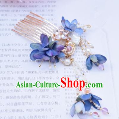 Chinese Ancient Princess Palace Blue Flowers Shell Hair Comb Hairpins Traditional Handmade Hanfu Hair Accessories for Women