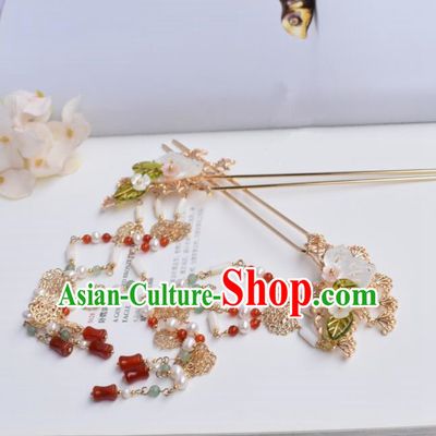 Chinese Ancient Princess Palace Shell Agate Tassel Hairpins Traditional Handmade Hanfu Hair Accessories for Women