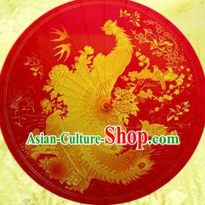 Handmade Chinese Traditional Umbrellas Ancient Printing Phoenix Red Oiled Paper Umbrella