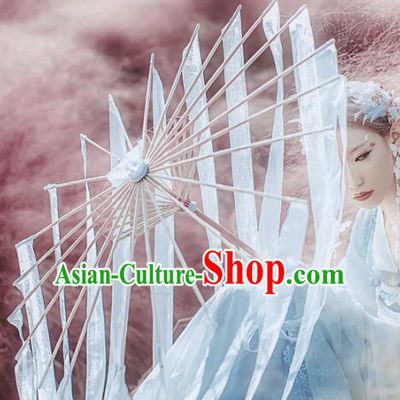 Handmade Chinese Traditional White Ribbon Tassel Umbrellas Ancient Princess Umbrella