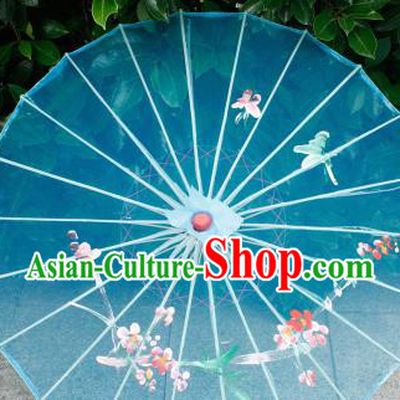 Handmade Printing Plum Blossom Lake Blue Oiled Paper Umbrellas Chinese Traditional Ancient Princess Umbrella