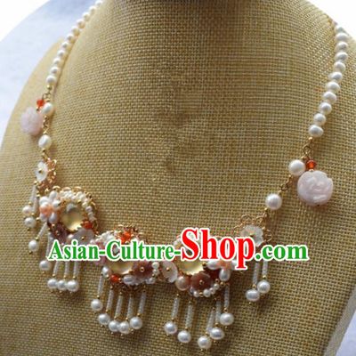 Handmade Chinese Hanfu Opal Pearls Tassel Necklace Traditional Ancient Princess Necklet Accessories for Women