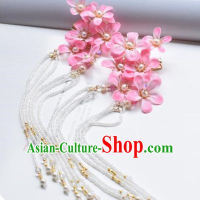 Chinese Ancient Princess Palace Pink Flowers Tassel Hair Claw Hairpins Traditional Handmade Hanfu Hair Accessories for Women