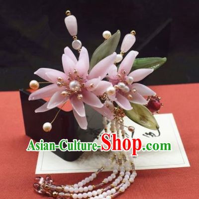 Chinese Ancient Palace Pink Flowers Tassel Hair Clip Princess Hairpins Traditional Handmade Hanfu Hair Accessories for Women