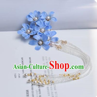 Chinese Ancient Princess Palace Blue Flowers Tassel Hair Claw Hairpins Traditional Handmade Hanfu Hair Accessories for Women