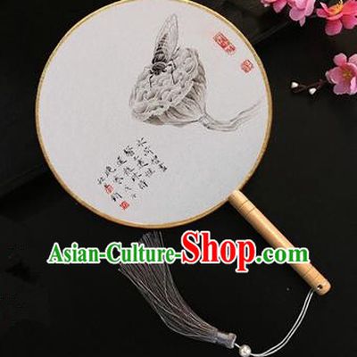Chinese Handmade Classical Palace Fans Ink Painting Lotus Seedpod Silk Round Fan for Women