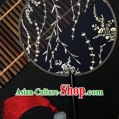 Chinese Handmade Classical Palace Fans Traditional Gilding Willow Black Silk Round Fan for Women