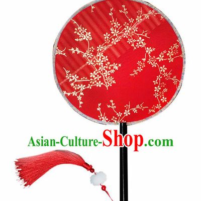 Chinese Handmade Classical Palace Fans Traditional Gilding Plum Blossom Red Silk Round Fan for Women