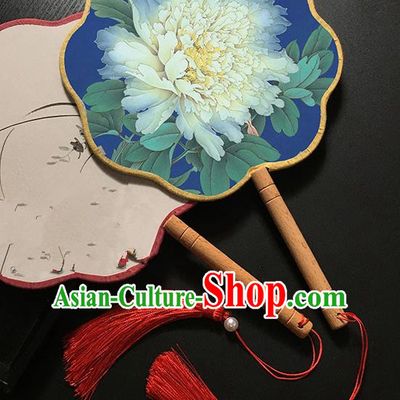 Chinese Handmade Classical Palace Fans Traditional Printing Peony Blue Hanfu Fan for Women