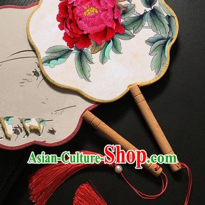 Chinese Handmade Classical Palace Fans Traditional Printing Red Peony Hanfu Fan for Women