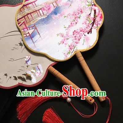 Chinese Handmade Classical Palace Fans Traditional Printing Peach Blossom Hanfu Fan for Women