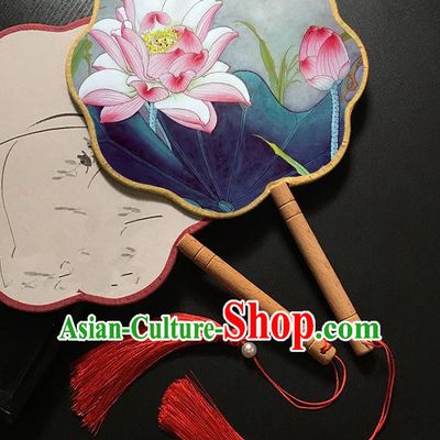 Chinese Handmade Classical Palace Fans Traditional Printing Pink Lotus Hanfu Fan for Women