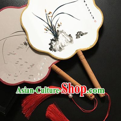 Chinese Handmade Classical Palace Fans Traditional Ink Painting Orchid Hanfu Fan for Women