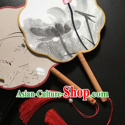 Chinese Handmade Classical Palace Fans Traditional Ink Painting Lotus Bud Hanfu Fan for Women