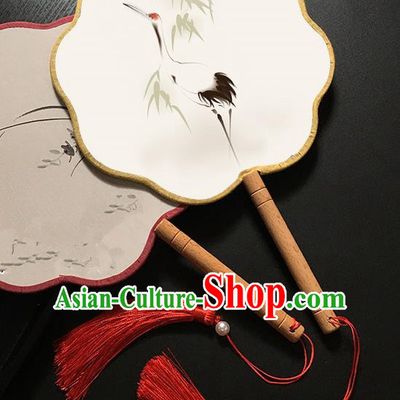 Chinese Handmade Classical Palace Fans Traditional Printing Crane Bamboo Hanfu Fan for Women