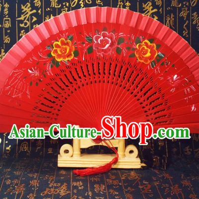 Chinese Handmade Classical Folding Fans Red Wood Hollow Out Accordion Fan for Women