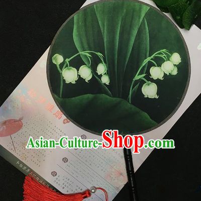 Chinese Handmade Classical Palace Fans Traditional Printing Convallaria Majalis Green Round Fan for Women