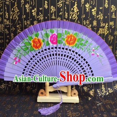Chinese Handmade Classical Folding Fans Printing Flowers Wood Purple Accordion Fan for Women