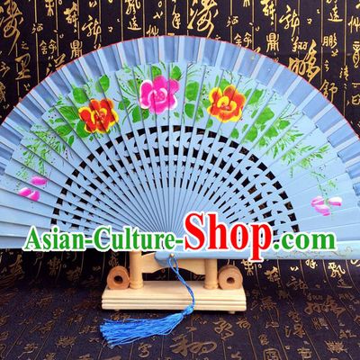 Chinese Handmade Classical Folding Fans Printing Flowers Wood Blue Accordion Fan for Women