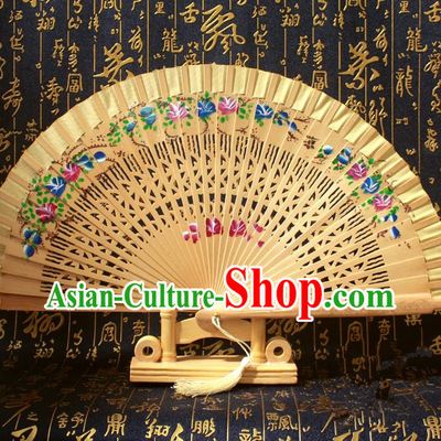 Chinese Handmade Classical Folding Fans Printing Flowers Wood Golden Silk Accordion Fan for Women