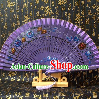 Chinese Handmade Classical Folding Fans Printing Flowers Wood Purple Silk Accordion Fan for Women
