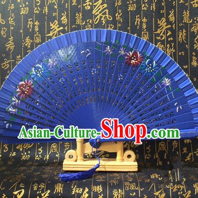 Chinese Handmade Classical Folding Fans Printing Flowers Wood Royalblue Silk Accordion Fan for Women