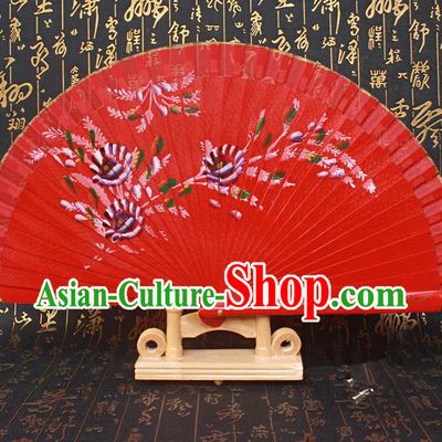 Chinese Handmade Classical Folding Fans Printing Flowers Wood Red Silk Accordion Fan for Women