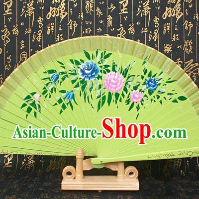 Chinese Handmade Classical Folding Fans Printing Flowers Wood Green Silk Accordion Fan for Women